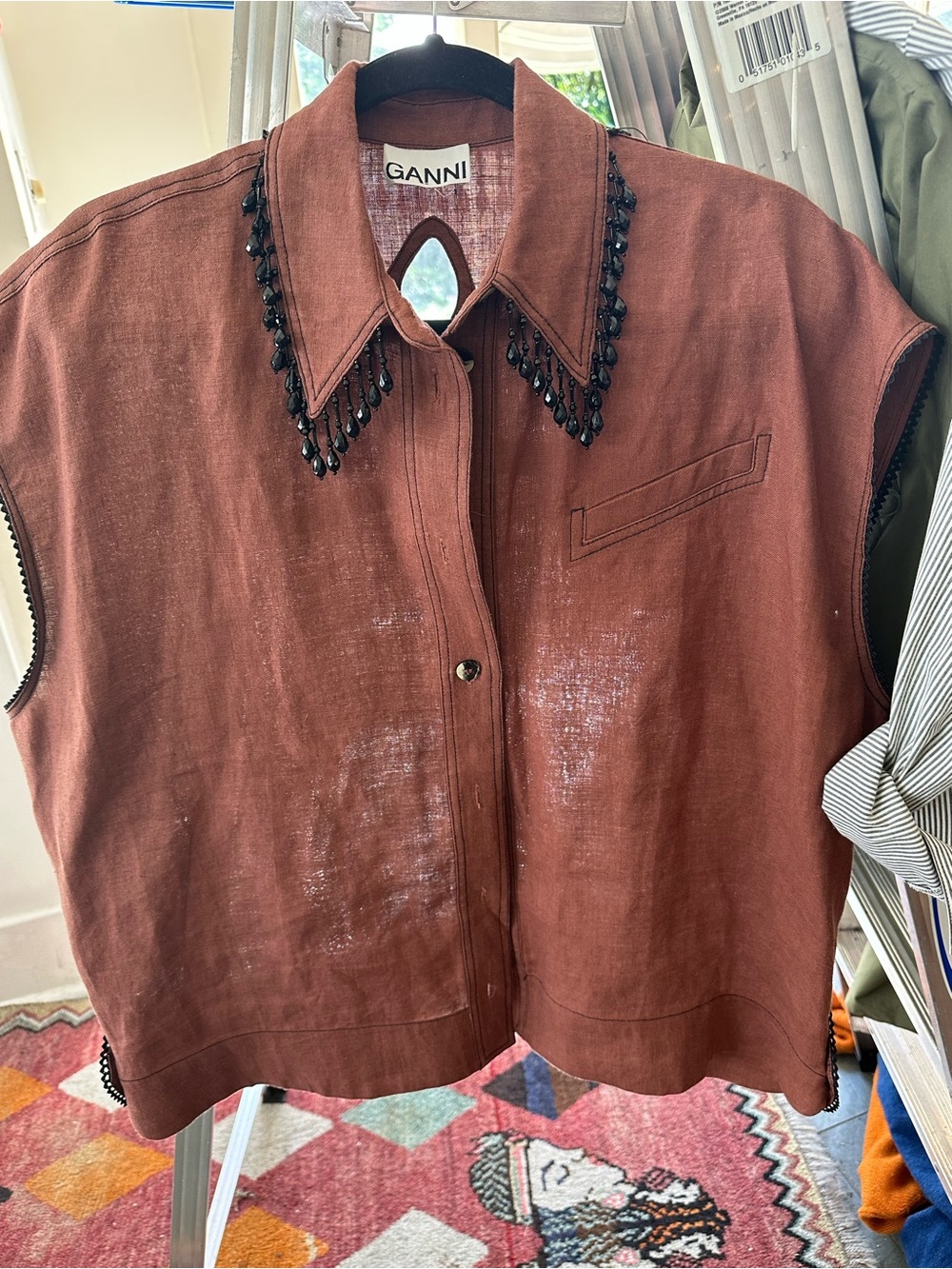 Ganni Rust Beaded-Collar Sleeveless Button-Down Top